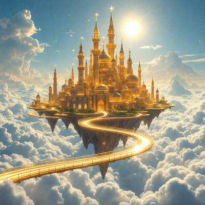 Primary subject: A castle made of gold and jewels, floating in the clouds.

Setting/background: The castle is floating in a cloudy sky, with a sun shining through the clouds.

Visual style: The image is a digital art or illustration, featuring a detailed and intricate castle design.

Colors and mood: The castle is predominantly gold and jewel-colored, giving it a luxurious and magical appearance. The cloudy sky adds a sense of wonder